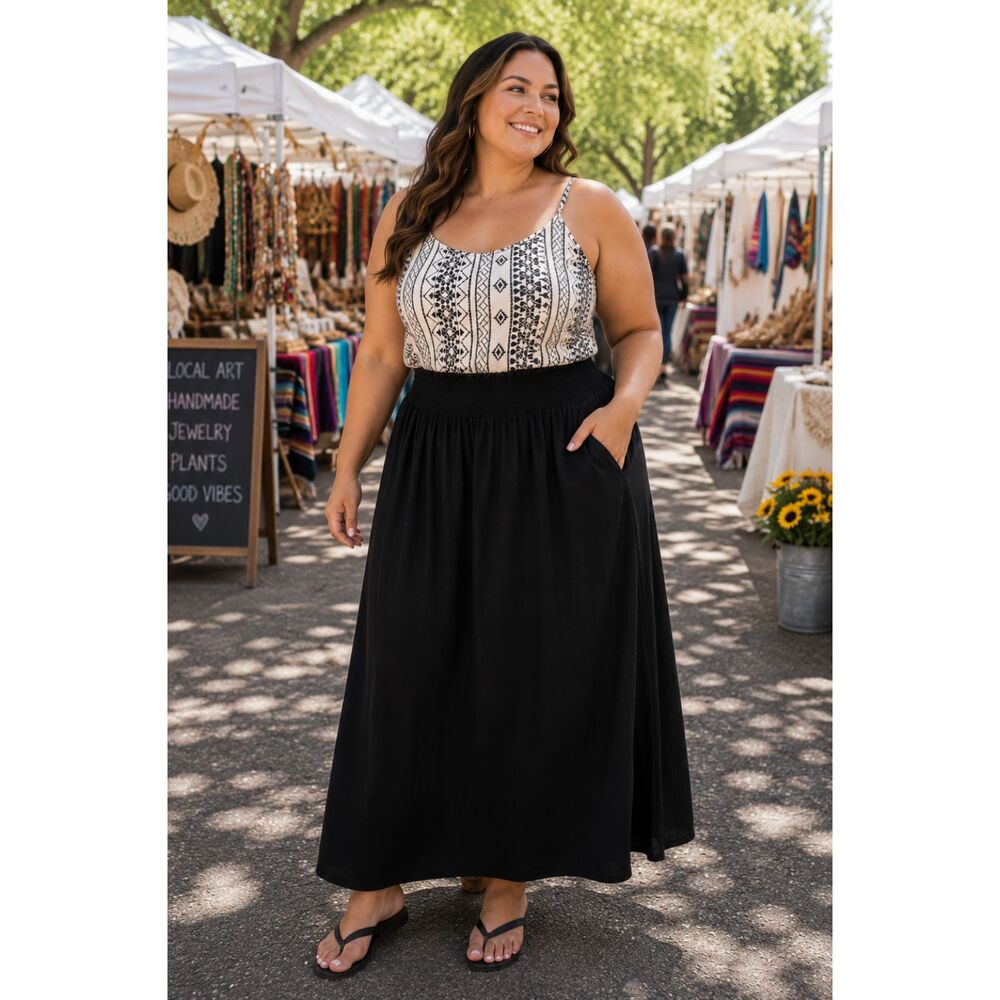 ZENANA Black Maxi Skirt & SHEIN Plus Geometric Cami Top Women's 1X Outfit Set
